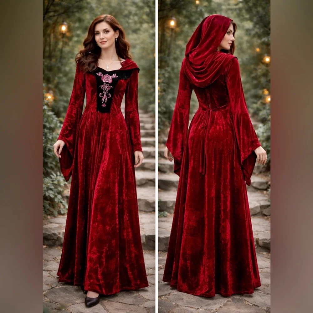 Vintage- Spirit Red and Black Long Sleeve, hooded velvet dress:costume -M:L - Picture 1 of 7